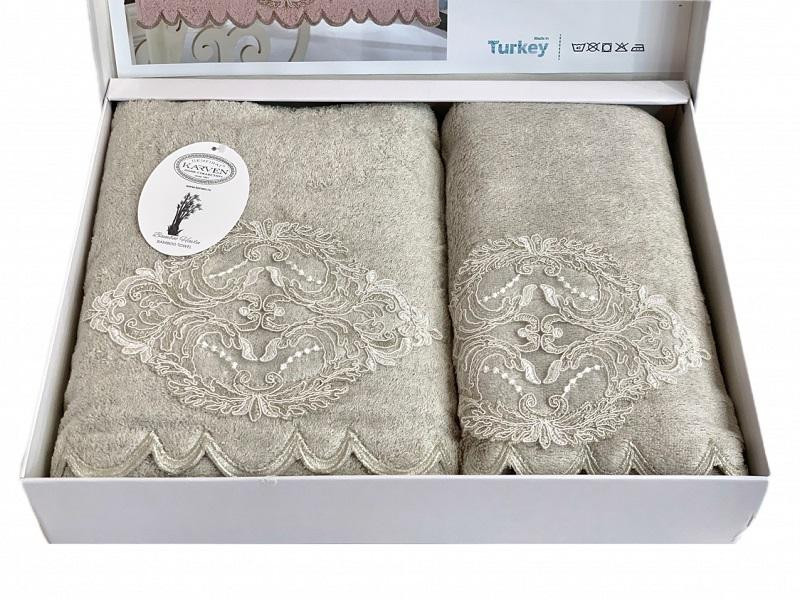 KARVEN Набор махровых полотенец из бамбука с гипюром в коробке HS1716 DAMASK V1 бежевый 50х90 (1шт), 70х140 (1шт)