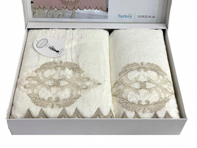 KARVEN Набор махровых полотенец из бамбука с гипюром в коробке HS1716 DAMASK V2 кремовый 50х90 (1шт), 70х140 (1шт)