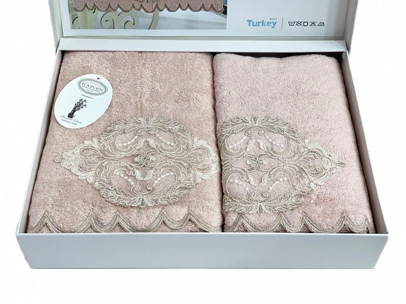 KARVEN Набор махровых полотенец из бамбука с гипюром в коробке HS1716 DAMASK V3 пудра 50х90 (1шт), 70х140 (1шт)