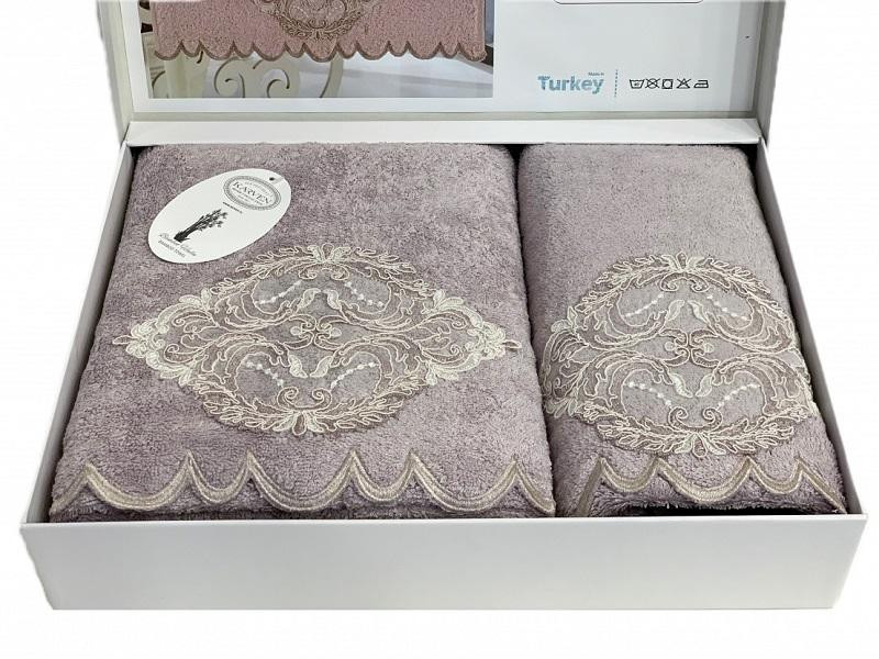 KARVEN Набор махровых полотенец из бамбука с гипюром в коробке HS1716 DAMASK V4 лиловый 50х90 (1шт), 70х140 (1шт)
