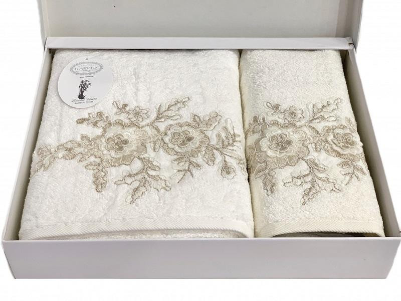 KARVEN Набор махровых полотенец из бамбука с гипюром в коробке HS1716 FLOWERS V2 кремовый 50х90 (1шт), 70х140 (1шт)