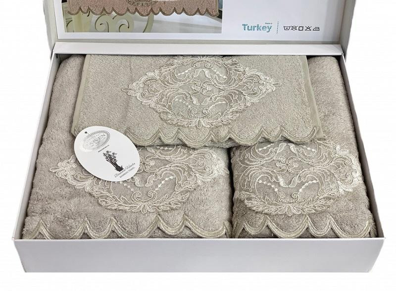 KARVEN Набор махровых полотенец из бамбука с гипюром в коробке HS1717 DAMASK V1 бежевый 30х50 (1шт), 50х90 (1шт), 70х140 (1шт)