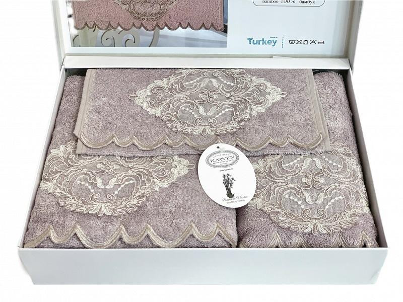 KARVEN Набор махровых полотенец из бамбука с гипюром в коробке HS1717 DAMASK V4 лиловый 30х50 (1шт), 50х90 (1шт), 70х140 (1шт)