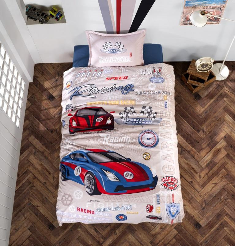 KARVEN Покрывало детское из хлопка стеганое Y923/1 GARAGE V1 MAVI 180х240 с наволочкой 50х70