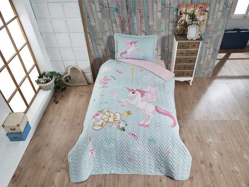 KARVEN Покрывало детское из хлопка стеганое Y923/1 PEGASUS V1 MINT 180х240 с наволочкой 50х70